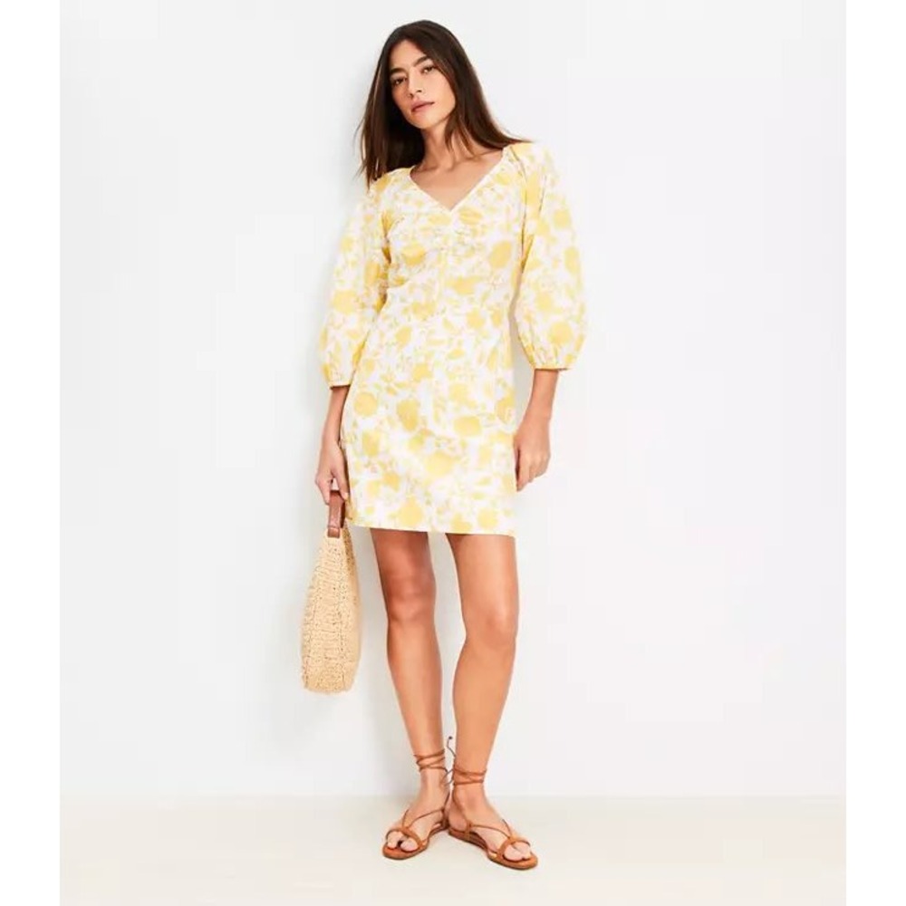 Loft Floral Poplin Shirred Mini Dress Yellow White Puff Sleeve NWT Size‎ 8